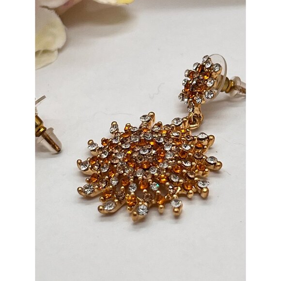 Pierced Earrings 2" Long Fiery Sun Burst and Gold Plated Stunning Earrings - Picture 1 of 10